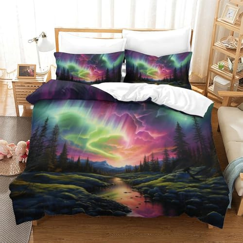 Lorolivier Northern Lights Set Di Biancheria Da Letto Stampato in 3D Con Federa, Fodera Per Piumino Da Con Chiusura A Cerniera, Microfibra Morbida Adatto A Bambini Adulti Super King（260x220cm）