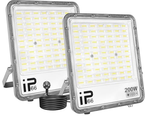 SKYWORLD 200W Focos LED Exterior 2 piezas,Blanco Frío LED Focos Exterior Iluminación con Enchufe,Impermeable IP66 Foco Proyector LED Floodlight para Patio Camino Jardín Almacén Terraza Garaje