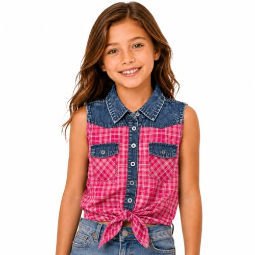 Bienzoe Western Plaid Girls Shirt: Sleeveless Button Down | For girls who love cowgirl style, rodeo days, country concerts, summer comfort, family photos, horse shows, outdoor fun