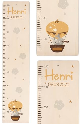 Kidsmood - Personalisierte Messlatte Kinder aus Holz – Hochwertige Messleiste & Wand-Deko für Baby- & Kinderzimmer mit abenteuerlichem Ballon – Tolles Taufgeschenk für Mädchen & Jungen ä(65-140cm)
