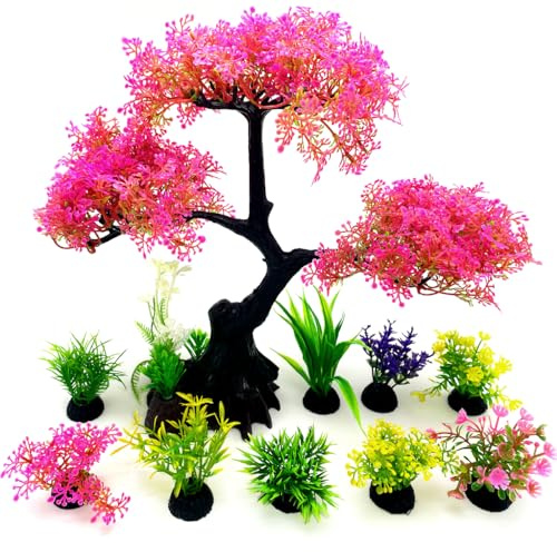 Zeromall Artificial Aquarium Plants, Fish Tank Decorations, 10 Pcs Cherry Blossom Aquarium Fish Tank Simulation Aquatic Grass Plastic Grass Pine Tree Combination(Pink)