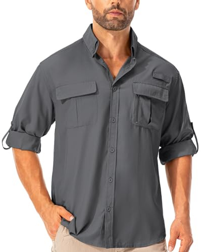 Asfixiado Camisa de hombre Safari UPF50+, de mangas largas, transpirable, de secado rápido, funcional, para el tiempo libre, gris, S