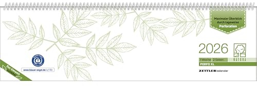 Zettler Tischquerkalender 1W/2S PERFO XL Blauer Engel 2026 – Wochenkalender 36 × 11 cm mit Recyclingpapier & Stundeneinteilung 7–20 Uhr, abtrennbare Tage für Büro, Schule & Homeoffice