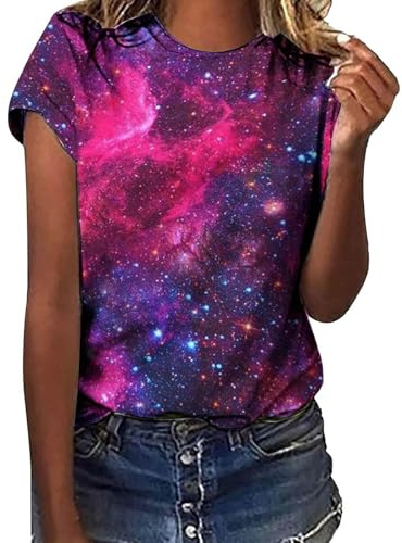 CGGMVCG Galaxy Shirt Damen 3D Galaxie Bedrucken Grafik-T-Shirts Universum Sternenhimmel Weltraum Karneval Kostüm Tshirt Kurzarm Rundhals Sommer Oberteile Frauen Faschingskostüme (A01 Lila, XXL)