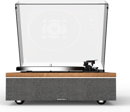 Qlearsoul ONE-S Plattenspieler mit integrierten Lautsprechern & DSP, Vintage Turntable All-in-One mit Bluetooth Eingang/Ausgang, Phono Vorverstärker, AT-3600L Tonabnehmer, 33/45 U/min (Nussbaum)