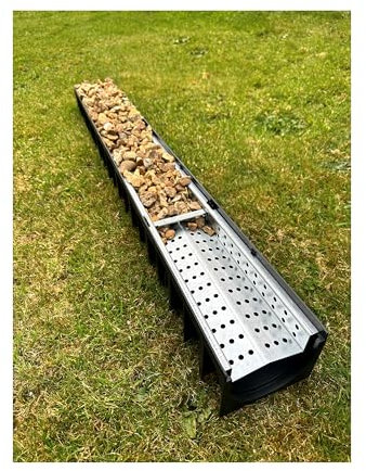 1m Length Drainage Black Channel with Galvanised Gravel Grate for decorative stones or Gravel 90mm Deep for Gardens or domestic driveways A15