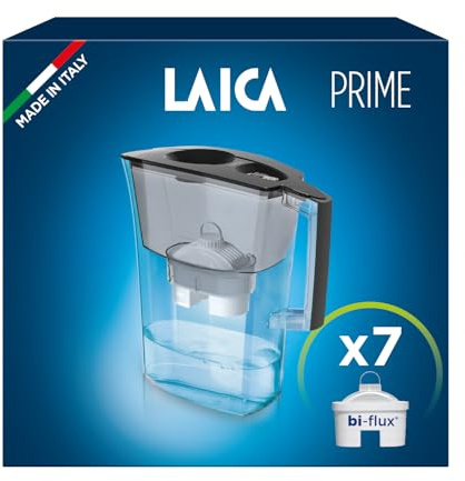 LAICA Prime Line Water Filter Jug & 7 bi-flux Water Filter Cartridges Black 3L - Digital Timer, Easy Fill Design, BPA Free, Dishwasher Safe - Preserves Minerals, Removes Impurities - Made in Italy