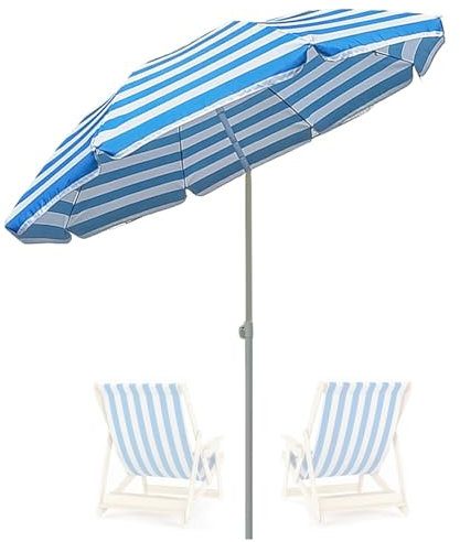 XOBRJQZ Petit parasol de plage portable à rayures bleues et blanches avec sac de transport, parasol de piscine de protection UV UPF50, poteau de fer Inclinable à hauteur réglable