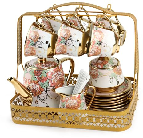 Vintage Tea Cup Set with Metal Holder and Saucer, 22 Piece European Ceramic Coffee Cup Set, with Teapot, Beautiful Tea Set Coffee Serving 6 People, for Women Tea Party Wedding