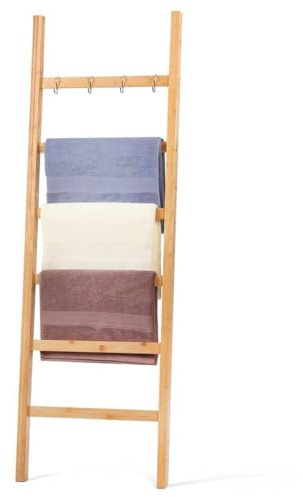 Relquorax Échelle en bambou avec 6 échelons et 4 crochets, pour salle de bain, H x l : 170 x 43 cm, naturel