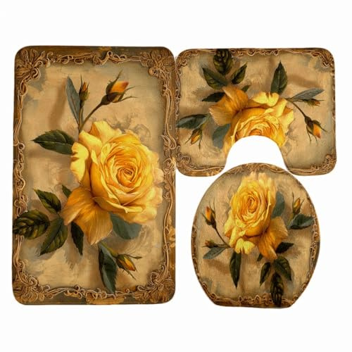 Bad Teppiche Set Retro Gelbe Blume Badezimmerteppich Waschbar WC Vorleger mit Ausschnitt und WC Deckelbezug 3 Teilig Badematte rutschfest Toilettensitzbezug Badgarnitur 45x75 cm