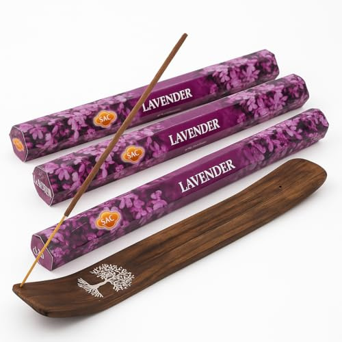 Set de Incienso Natural Lavanda con portaincienso de Madera, Varillas de Incienso aromático Relajante para meditación, Yoga y Limpieza energética, Hecho en la India