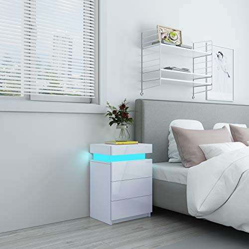Komtopod Nachttisch Hochglanz, Nachtschrank mit Led, Nachtkommode mit 3 Schubladen, für Wohnzimmer, Schlafzimmer