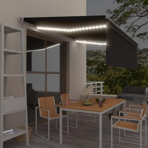 Manuelle Einziehbare Markise, 4x3m Anthrazit, mit Rollo & Solar LED Beleuchtung, UV- & Wasserbeständig, für Terrasse, Garten & Außenbereich