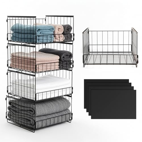 4er-Pack Stapelbare Kleiderschrank-Organizer, Metall-Wire Storage Körbe für Kleidung, Küche, Bad, Faltbares Aufbewahrungssystem, Schwarz