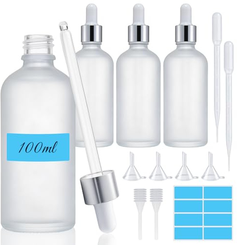Maxumille 4 Stück Pipettenflasche 100ml mit 9 Zubehören, Matt Apothekerflasche mit Pipette Glas, Tropfflasche mit Silber Schraubverschluss für Ätherische Öl, Apothekerflasche für Parfüm DIY Kosmetik