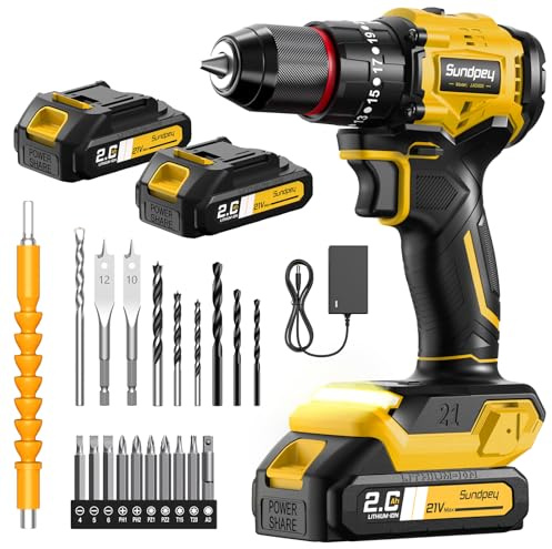 Sundpey 70Nm Cordless Hammer Drills - 21V Electric Power Drill Set w/Brushless Motor & 3/8 Metal Chuck & 26 Torque Settings & LED Light - 3-in-1 Battery Drill for Home DIY Woodworking Brick Drilling