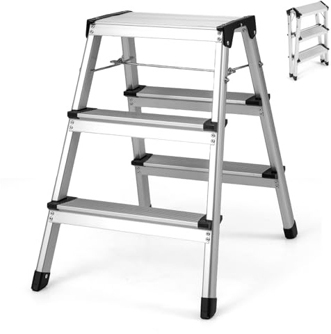 COSTWAY Scaletta Pieghevole in Alluminio, Scala a 3 Gradini Doppia con Pedane Larghe e Piedini Antiscivolo, Struttura Leggera, Portata 150 kg, per Casa, Ufficio e Garage