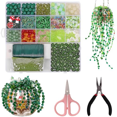 ZYUQFAN 2383 Pcs Green Glass Beads Making Kit, Beaded Plant Kit | DIY Charm Suncatcher Beads with Video Tutorialsfor Succulent Plants Making, Forever Plants Beads for Jewellery