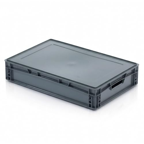 RODOPI 1x Eurobox 60x40x12 cm mit Deckel, ca. 23 L, stapelbarer Eurobehälter aus PP-Kunststoff, Transportbox mit 2 Grifföffnungen, grau