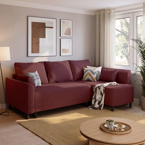 BROMARKT Ecksofa mit Schlaffunktion L Form Sofa mit Bettkasten Rot | Couch für Wohnzimmer 3 Sitzer Schlafsofa Eckcouch mit Stauraum Schlafcouch Wohnlandschaft 200 cm Breit Eckschlafsofa BONDI