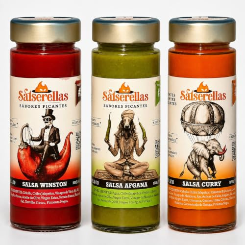 Pack 3 Salsas Picantes Gourmet Salserellas (Afgana, Winston y Curry) | Variedad de Sabores con Jalapeño | Ingredientes Naturales con Aceite de Oliva | Ideal para Carnes, Tacos, BBQ y Regalo Foodie