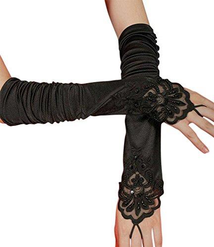 iLoveCos Opera Gloves Long Glove 1920s Accessories Flapper Costume Finger-less Lace Gloves Women Roaring 20' s Party Decoration Accessories Classic Satin Elbow Length Gloves (Black)