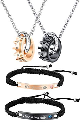 OIDEA Couples Jewelry Sets-Hand Braided His Queen and Her King Bracelets, Crown Ring Matching Necklaces, for Chirstmas,Valentines Day Gift,with Gift Box