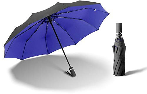 10 K solider luxuriöser winddichter Automatikschirm für Damen und Herren, UV-Automatik, klappbar, Sonnen- und Regenschirm, marineblau, doppellagig
