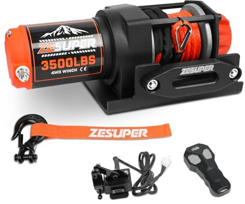 ZESUPER Kit verricello elettrico impermeabile 1587,6 kg, argano ATV UTV 12 V corda sintetica con telecomando portatile wireless Hawse Fairlead