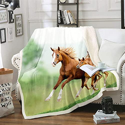 Kinder Fleece Decke Galoppierendes Pferd bedruckte Kuscheldecke für Jungen Mädchen 3D Wildtier Plüsch Decke 130x150cm Wildlife Style Fuzzy Flanell Fleecedecke für Schlafsofa Couch Grün Braun