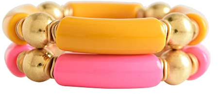 Gold Plated Beaded Acrylic Bamboo Tube Bangle Bracelets for Women, Colorful Chunky Curved Tube With Gold Plated Pieces Beads Stretch Bracelet Friendship Summer Beach Jewelry (P-Orange&Watermelon red 2pcs)