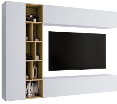 Mirjan24 Wohnwand Kodita, Anbauwand, Fernsehschrank, Schrankwand, Mediawand, Wandregal, Schrank, TV-Lowboard (Weiß/Eiche Artisan)