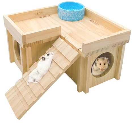 Acsist Wooden Hamster Hideout,Dwarf Hamster Hide House with Platform & Bowl & Ladder,Small Hamsters Maze Hut Hides Habitats Decor Cage Accessories for Gerbils,Mice,Mouse