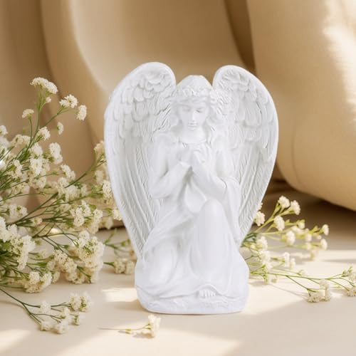 Kniende Betende Engel-Figur mit weißen Flügeln – Schutzengel Skulptur aus Kunstharz, Erinnerungs-Engel für Regal, Tisch, Wohnzimmer, Schlafzimmer – Spirituelles Geschenk