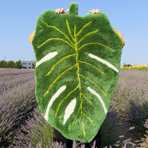 Beyond Deco Green Monstera Leaf Rug, 47 L x 31 W, Handmade Tufted Nursery Acrylic Area Rugs, Non Slip high Pile Home Decor Fluffy mat for Living Room, Bathroom, Preppy Machine Washable Carpet.