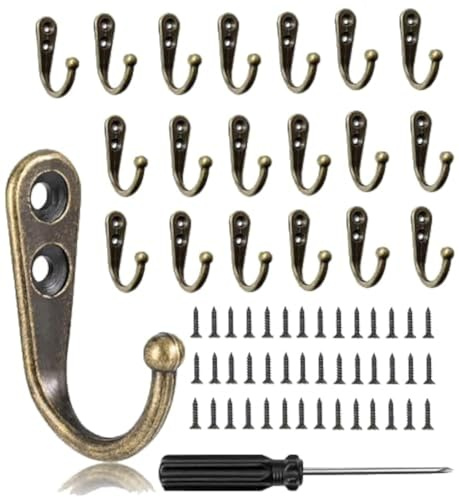 QINGHEC 20 Stück Wandhaken, Retro-Bronze-Türkleiderhaken zum Aufhängen, einzelner Metallhaken, Kleiderbügel für Hauseingang, Tür, Schlafzimmer, Badezimmer, Schrank mit 40 Schrauben und Schraubendreher