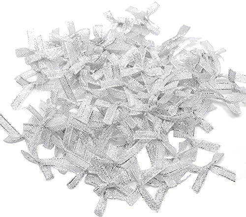 Wambere 100 STK 6mm Satin Band Deko Schleifen Fertigschleife Geschenkschleifen, Satinband Schleifen für DIY Basteln Hochzeit Valentinstag Weihnachten Dekoration Kartenherstellung Verzierungen,Silber