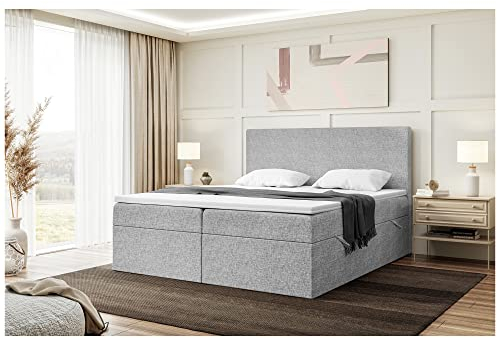 MEBLINI Boxspringbett mit Bettkasten - Gepolstert Doppelbett mit Matratze und Topper - Polsterbett mit Stauraum - Bett mit Kopfteil - Stauraumbett - Zlatan - 180x200 - H3/Grau Webstoff