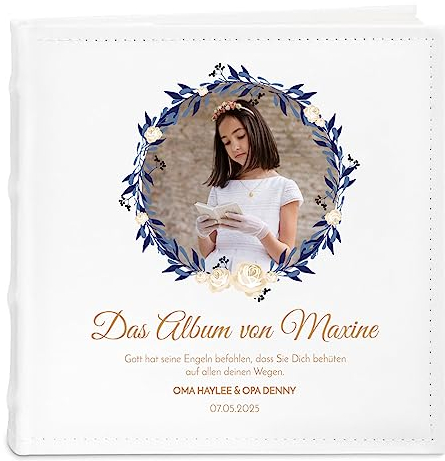 Maverton Einsteckalbum mit Aufdruck - Fotoalbum für 200 Fotos 10x15-50 Seiten - Größe: 21x22cm - Weiß - personalisierte Geschenke für Kind zur Erstkommunion
