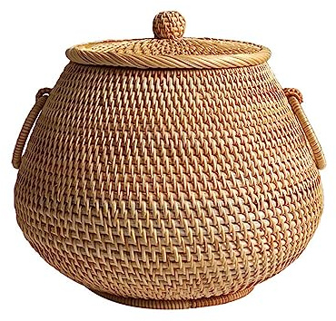 Grande Panier de Rangement en Rotin, Panier en Rotin Rond avec Couvercle et Poignée, Panier en Rotin Naturel, Corbeille de Fruits, Panier à Légumes, Organisateur Tressé pour Cuisine/Salle à Manger