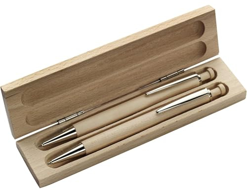 noTrash2003 Nachhaltiges Zertifiziertes Schreibset aus Buchenholz mit blauschreibendem Kugelschreiber und Druckbleistift in Buchenholzetui