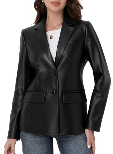 SILVER FASHIONS Lambskin Leather Jacket Women,Long Sleeve Button Front Leather Blazer,Notched Lapel Casual Style,Vent Detail (Medium,Black)