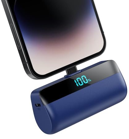 Feob Mini Batterie Externe pour iPhone 5200mAh, Power Bank Charge Rapide 20W PD Chargeur Externe Ultra-Compact avec écran LED, Chargeur Portable Compatible avec iPhone 14/14 Plus/13/12/11/XS/8/7-Bleu