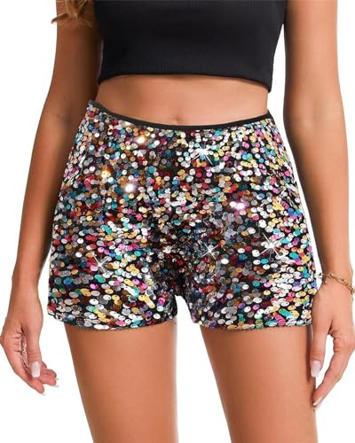 LLECDASEUI Damen-Shorts mit Pailletten, hoher elastischer Taille, geradem Bein, solide Glitzer-Party-Shorts