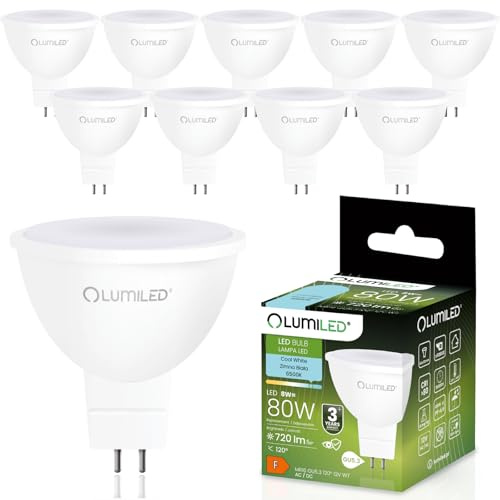 Lumiled 12V GU5.3 LED Lampen Leuchtmittel Spot 10 Stück Set, MR16 8W (entspricht 80W) 6500K Kaltweiß 720 Lumen 120° Abstrahlwinkel Spots Glühbirnen