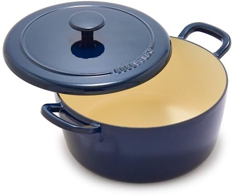 GreenPan x Bobby Flay 5.5QT Enameled Cast Iron Round Dutch Oven with Lid, Dual Handles, Oven Safe to 500F & Induction Suitable, Self Basting Lid, Ultra-Durable, Sear, Braising, Bread, Stews, Cobalt