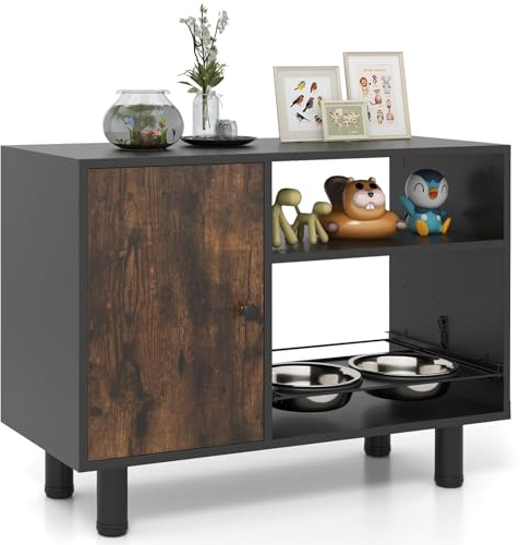 COSTWAY Gabinete de Almacenamiento de Alimentos para Perros, Comedero Perro Elevado con 2 Cuencos Elevados de Acero Inoxidable, Estantes, Estación de Alimentación para Suministros, 82 x 35 x 60 cm