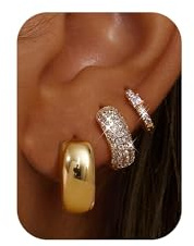 Chriscoco 3 par guldörhängen för kvinnor guld/silver ringar örhängen för kvinnor allergivänliga huggie-örhängen 14K guldpläterade ringar set lätta stora guldringar, Mässing