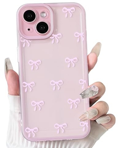 NITITOP Cover per iPhone 15 Plus Trasparente Fiocco Nastro, Rosa | per Ragazze Femminile, Bordo Carina Colorato, Morbida Sottile TPU Antiurto, Protezione Completa Fotocamera